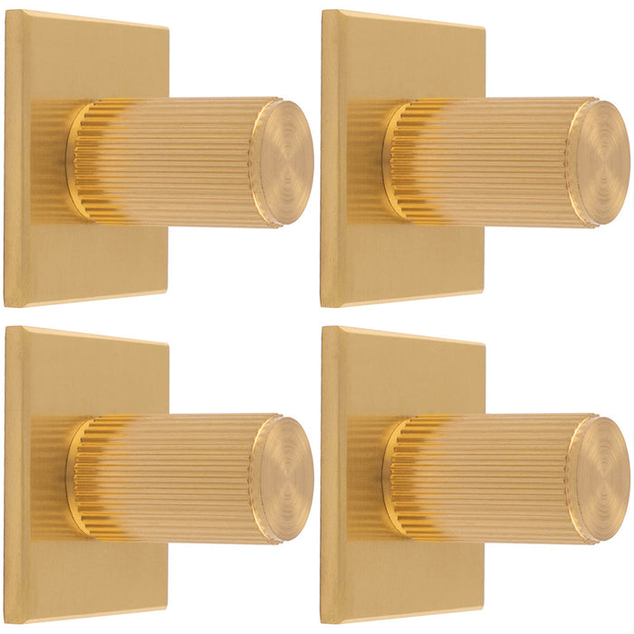 4 PACK Reeded Cylinder Door Knob & Matching Backplate Satin Brass 40 x 40mm