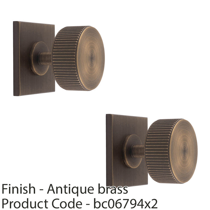 2 PACK Reeded Radio Cabinet Door Knob & Matching Backplate Antique Brass 40x40mm 1