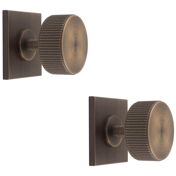 2 PACK Reeded Radio Cabinet Door Knob & Matching Backplate Antique Brass 40x40mm