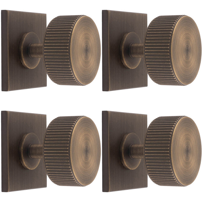 4 PACK Reeded Radio Cabinet Door Knob & Matching Backplate Antique Brass 40x40mm