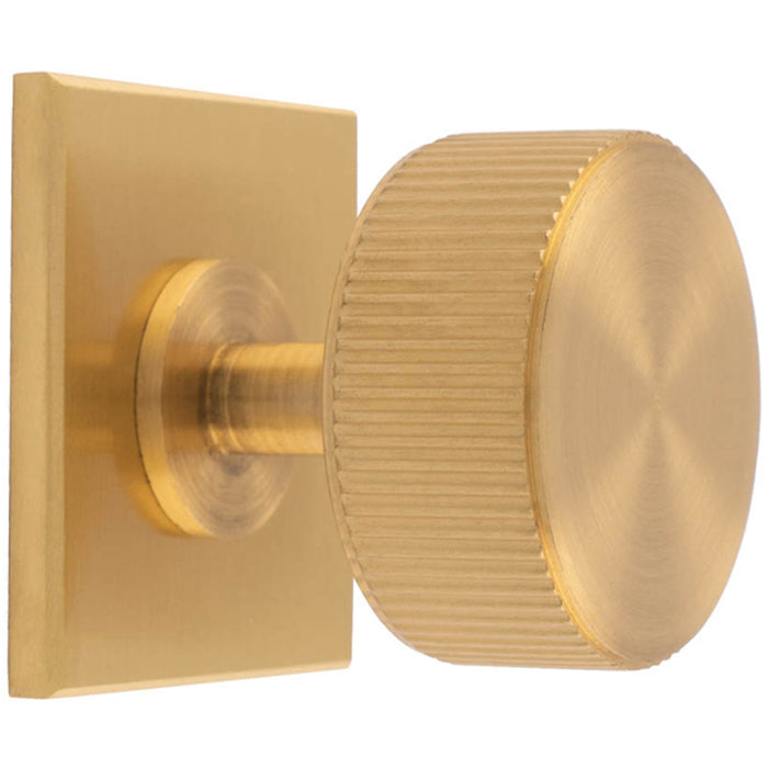 Reeded Radio Cabinet Door Knob & Matching Backplate Lined Satin Brass 40 x 40mm