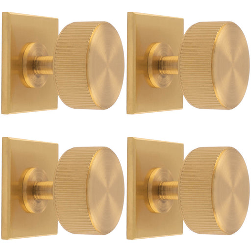 4 PACK Reeded Radio Door Knob & Matching Backplate Lined Satin Brass 40 x 40mm