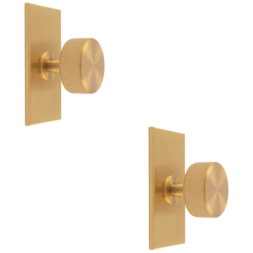 2 PACK Reeded Radio Door Knob & Matching Backplate Lined Satin Brass 76 x 40mm