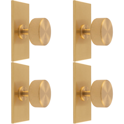 4 PACK Reeded Radio Door Knob & Matching Backplate Lined Satin Brass 76 x 40mm