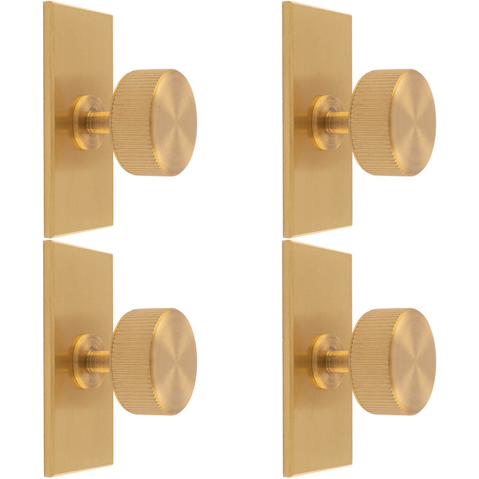 4 PACK Reeded Radio Door Knob & Matching Backplate Lined Satin Brass 76 x 40mm