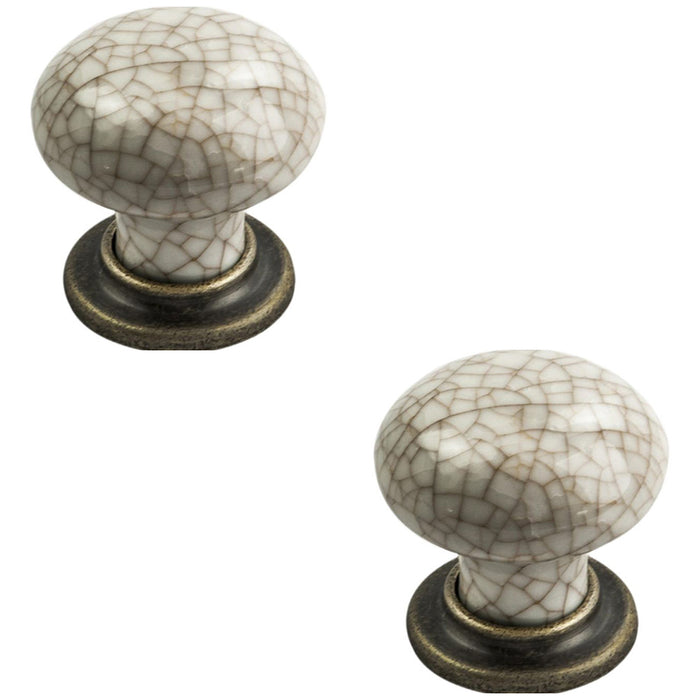 2x Porcelain Mushroom Cupboard Door Knob 36mm Dia Antique Brass & Ivory Glaze