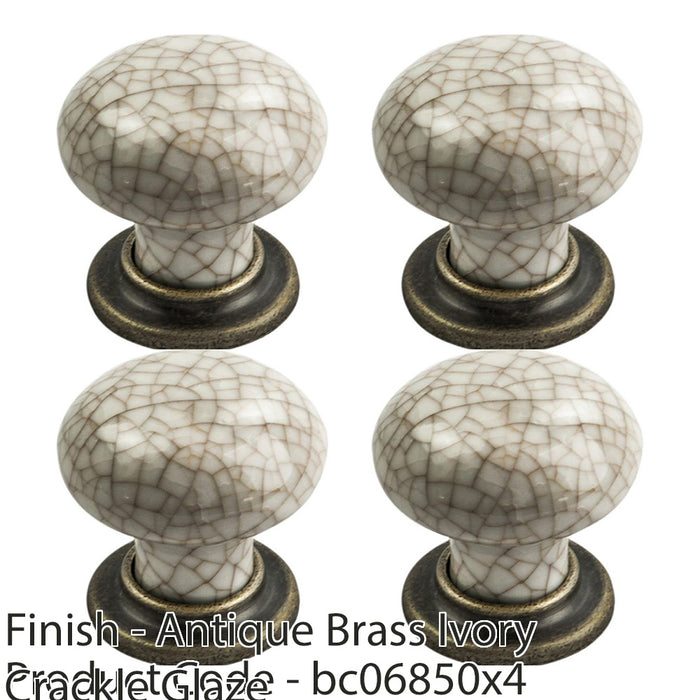 4x Porcelain Mushroom Cupboard Door Knob 36mm Dia Antique Brass & Ivory Glaze 1