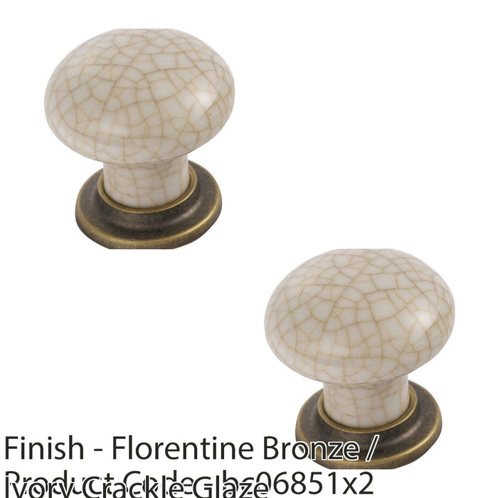 2 PACK Porcelain Mushroom Cupboard Door Knob 36mm Florentine Bronze Ivory Glaze 1