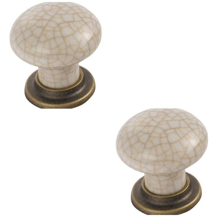 2 PACK Porcelain Mushroom Cupboard Door Knob 36mm Florentine Bronze Ivory Glaze