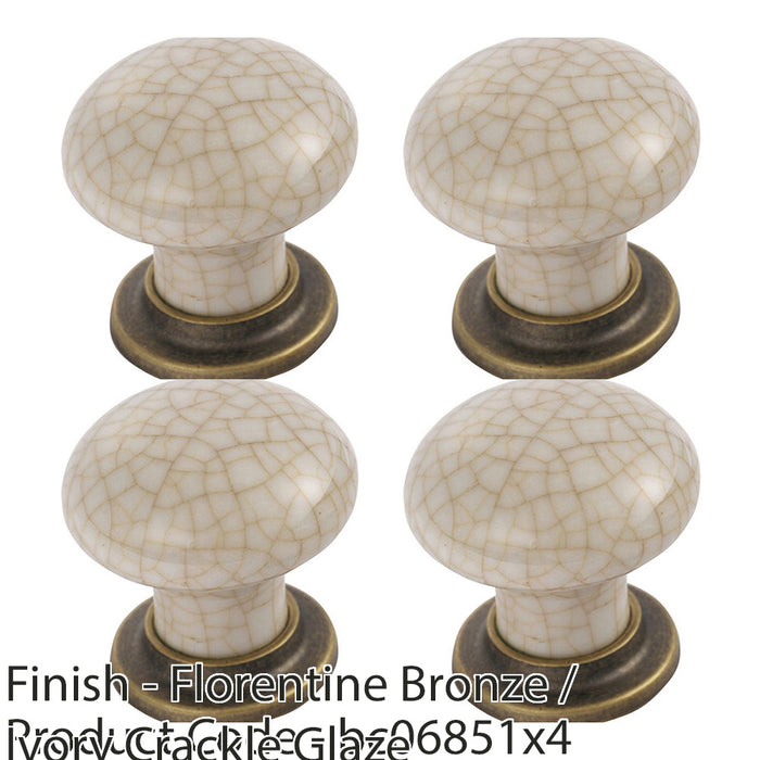 4 PACK Porcelain Mushroom Door Knob 36mm Dia Florentine Bronze & Ivory Glaze 1