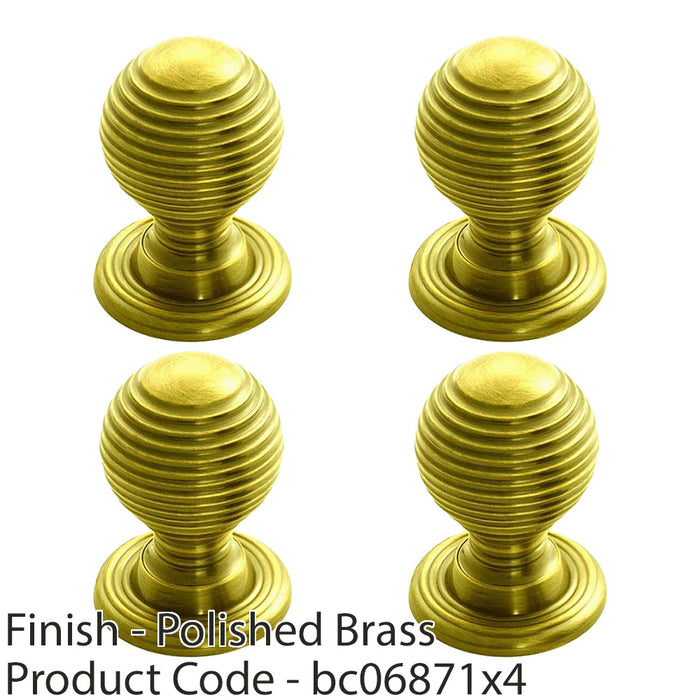 4x Reeded Ball Door Knob 23mm Polished Brass Lined Cupboard Pull Handle & Rose 1