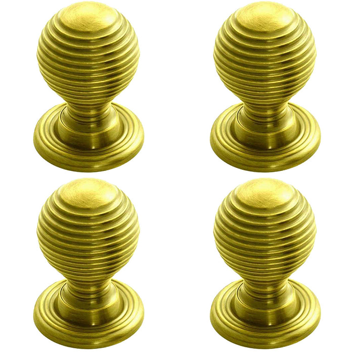 4x Reeded Ball Door Knob 23mm Polished Brass Lined Cupboard Pull Handle & Rose