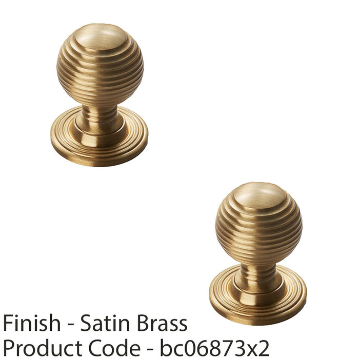 2 PACK Reeded Ball Door Knob 23mm Satin Brass Brass Lined Cupboard Pull Handle 1
