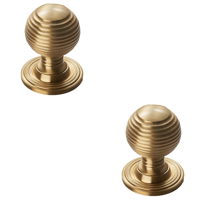 2 PACK Reeded Ball Door Knob 23mm Satin Brass Brass Lined Cupboard Pull Handle