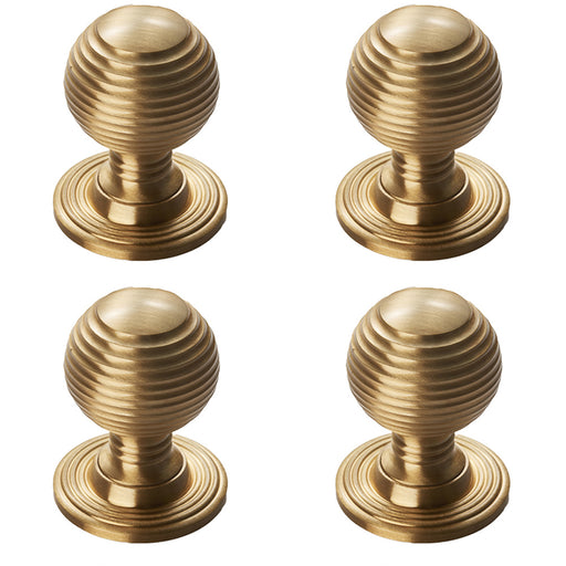 4 PACK Reeded Ball Door Knob 23mm Satin Brass Brass Lined Pull Handle & Rose