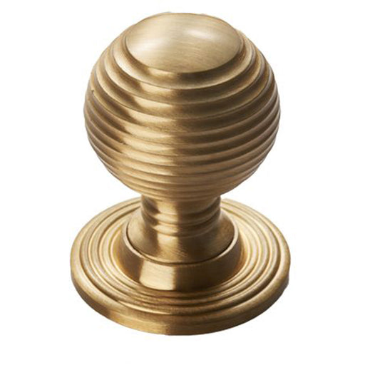 Reeded Ball Door Knob - 28mm Satin Brass Lined Cupboard Pull Handle & Rose