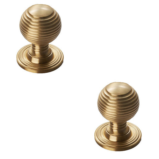 2 PACK Reeded Ball Door Knob 28mm Satin Brass Lined Cupboard Pull Handle & Rose