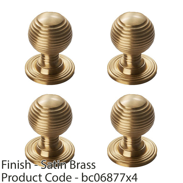 4 PACK Reeded Ball Door Knob 28mm Satin Brass Lined Cupboard Pull Handle & Rose 1