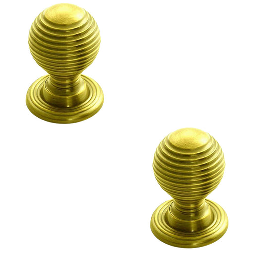 2x Reeded Ball Door Knob 35mm Polished Brass Lined Cupboard Pull Handle & Rose