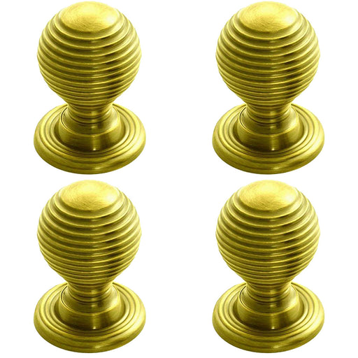 4x Reeded Ball Door Knob 35mm Polished Brass Lined Cupboard Pull Handle & Rose