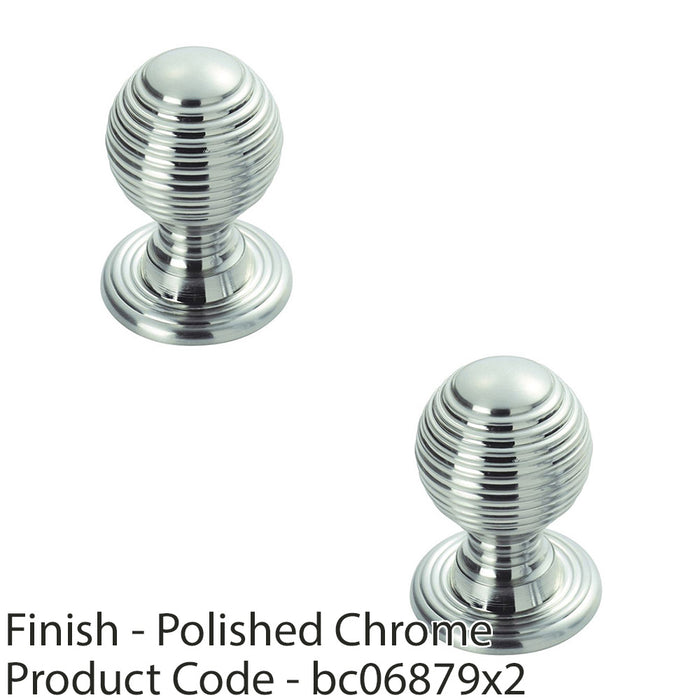 2 PACK Reeded Ball Door Knob 35mm Polished Chrome Lined Pull Handle & Rose 1