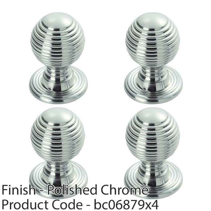 4 PACK Reeded Ball Door Knob 35mm Polished Chrome Lined Pull Handle & Rose 1