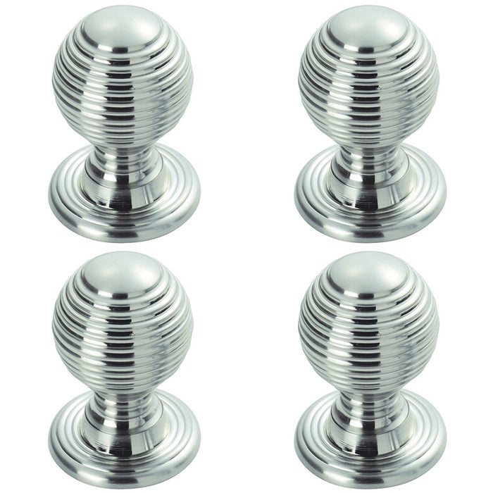 4 PACK Reeded Ball Door Knob 35mm Polished Chrome Lined Pull Handle & Rose