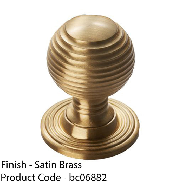 Reeded Ball Door Knob - 35mm Satin Brass Lined Cupboard Pull Handle & Rose 1