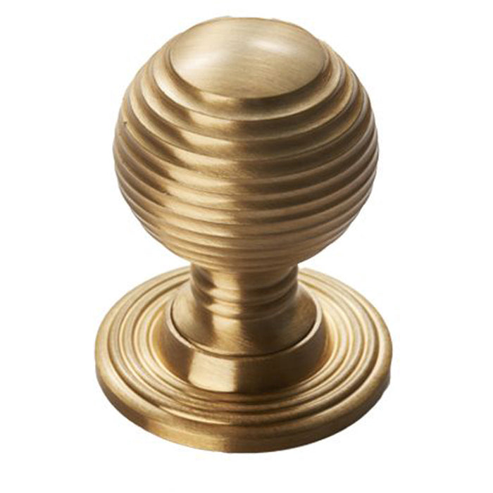 Reeded Ball Door Knob - 35mm Satin Brass Lined Cupboard Pull Handle & Rose
