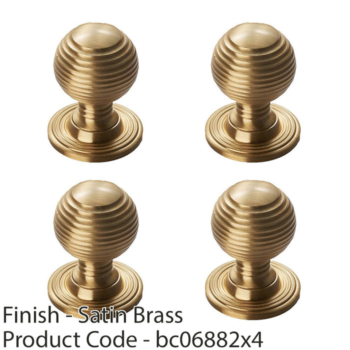4 PACK Reeded Ball Door Knob 35mm Satin Brass Lined Cupboard Pull Handle & Rose 1