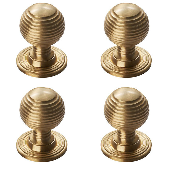 4 PACK Reeded Ball Door Knob 35mm Satin Brass Lined Cupboard Pull Handle & Rose
