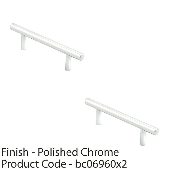2 PACK Mini T Bar Kitchen Pull Handle 100 x 27mm 64mm Centres Polished Chrome 1