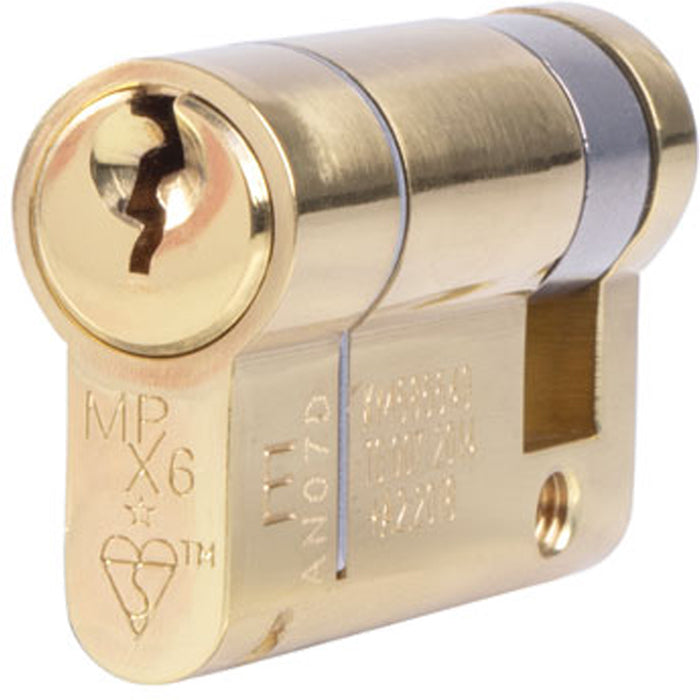 50mm EURO Single Cylinder Lock - 6 Pin Polished Brass Fire Door KTD Barrel
