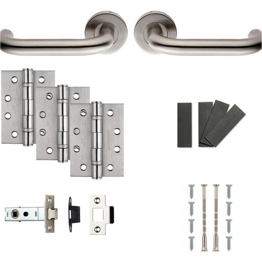 Fire Door Rated Handle & Latch Pack Satin Steel Curved Bar Screwless Round Rose