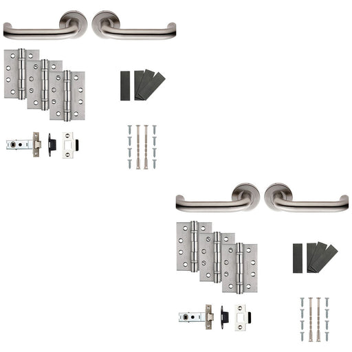 2 PACK Fire Door Rated Handle & Latch Pack Satin Steel Curved Bar Round Rose