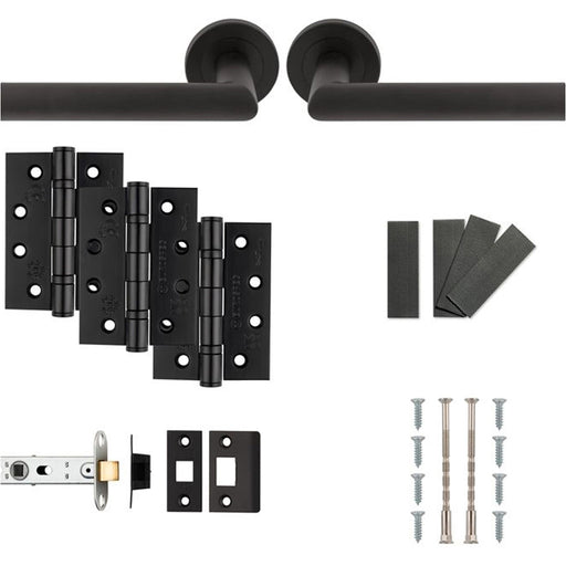 Fire Door Rated Handle & Latch Pack - Matt Black Mitred Bar Screwless Round Rose