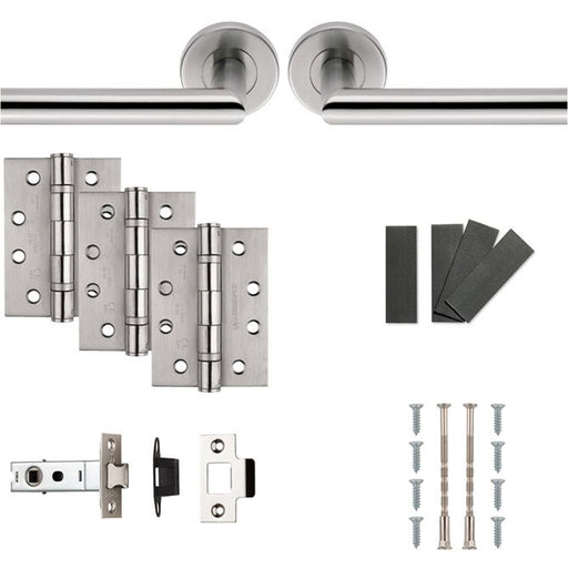 Fire Door Rated Handle & Latch Pack Satin Steel Mitred Bar Screwless Round Rose