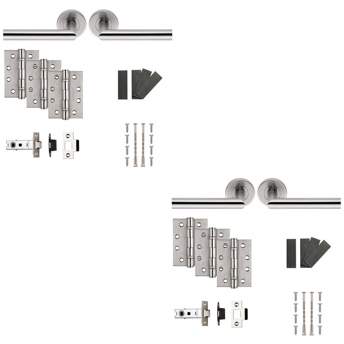 2 PACK Fire Door Rated Handle & Latch Pack Satin Steel Mitred Bar Round Rose