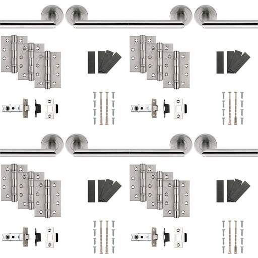 4 PACK Fire Door Rated Handle & Latch Pack Satin Steel Mitred Bar Round Rose