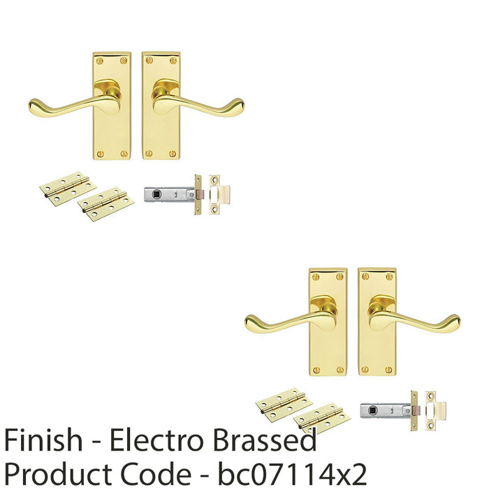 2 PACK Victorian Scroll Door Handle & Latch Pack Electro Brassed Lever Plate Kit 1