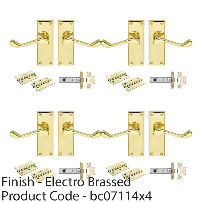 4 PACK Victorian Scroll Door Handle & Latch Pack Electro Brassed Lever Plate Kit 1