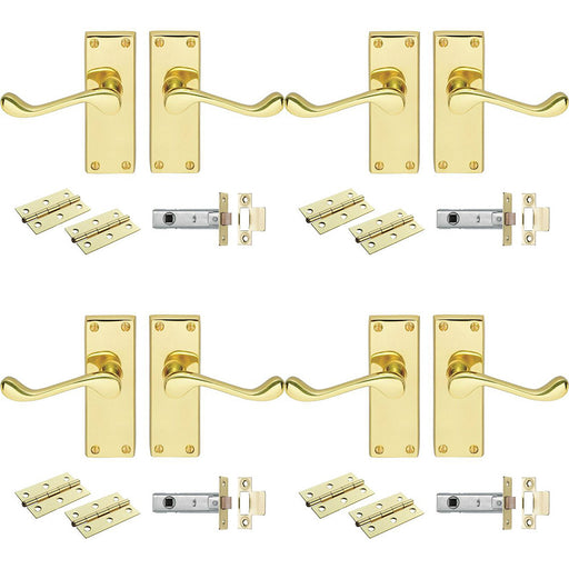 4 PACK Victorian Scroll Door Handle & Latch Pack Electro Brassed Lever Plate Kit