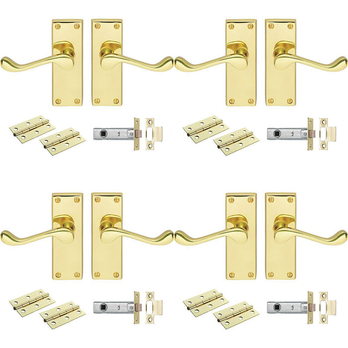 4 PACK Victorian Scroll Door Handle & Latch Pack Electro Brassed Lever Plate Kit