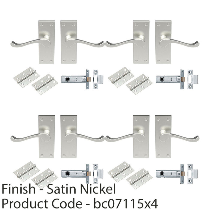 4 PACK Victorian Scroll Door Handle & Latch Pack Satin Nickel Lever On Plate Kit 1