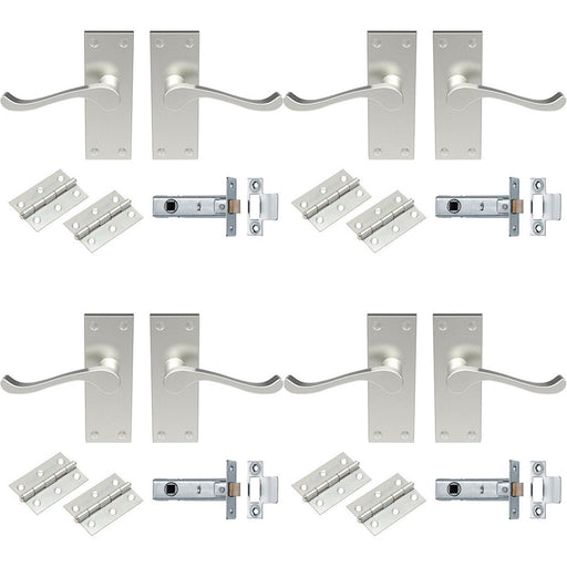 4 PACK Victorian Scroll Door Handle & Latch Pack Satin Nickel Lever On Plate Kit