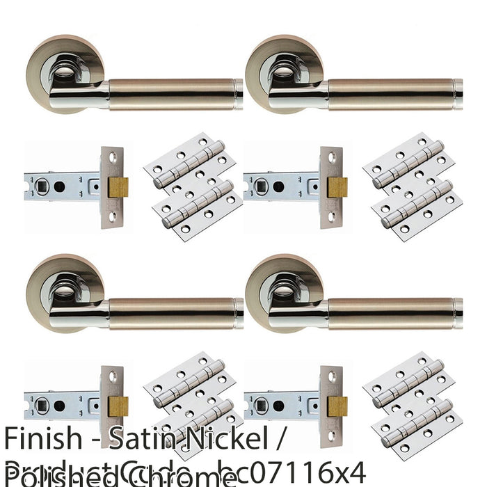 4 PACK Door Handle & Latch Pack Chrome & Nickel Straight Bar Round Rose Kit 1
