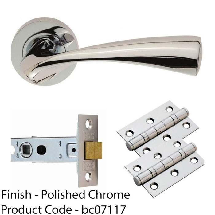 Door Handle & Latch Pack - Chrome Curved Flaired Lever Screwless Round Rose Kit 1