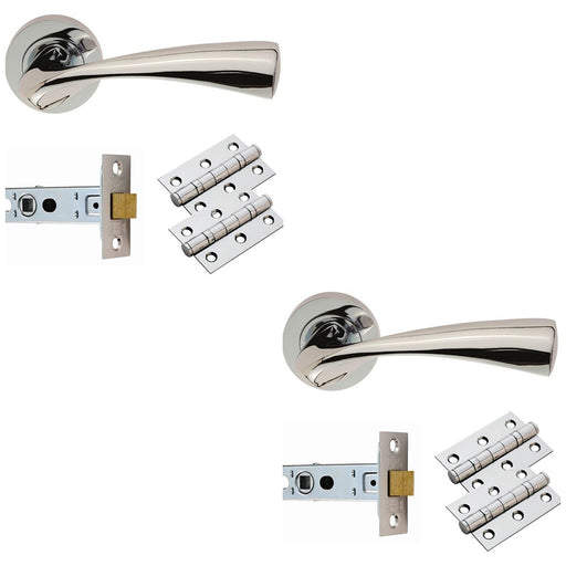 2 PACK Door Handle & Latch Pack Chrome Curved Flaired Lever Screwless Round Rose