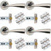 4 PACK Door Handle & Latch Pack Chrome Curved Flaired Lever Round Rose Kit