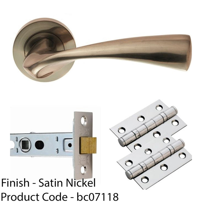 Door Handle & Latch Pack - Satin Nickel Curved Flaired Screwless Round Rose Kit 1